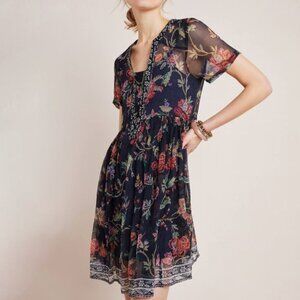 Anthropologie Plus Maeve Adrian Sheer Tunic Dress Size 1X Black Motif Floral